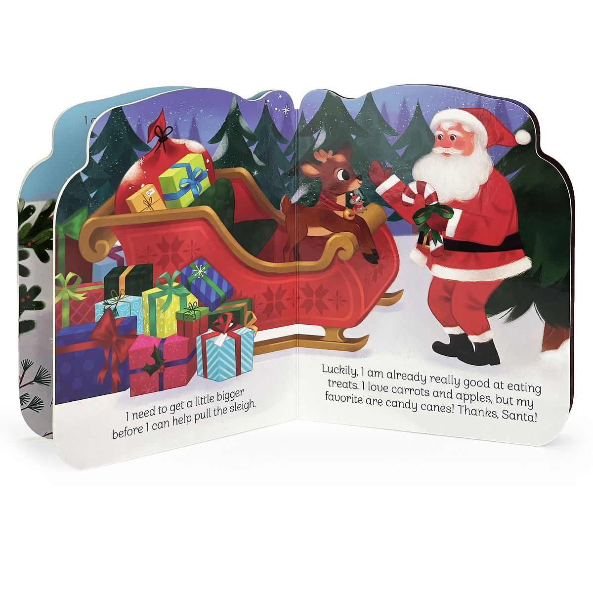 Board book illustration of Santa Claus offering a candy cane to a reindeer in a sleigh filled with wrapped gifts.