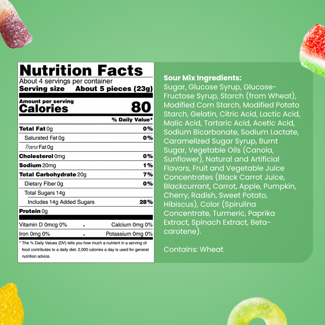 Nutrition facts label for Swedish gummy candy shows 80 calories per serving, ingredients list, contains wheat notice, and assorted colorful sour candies on a green background.