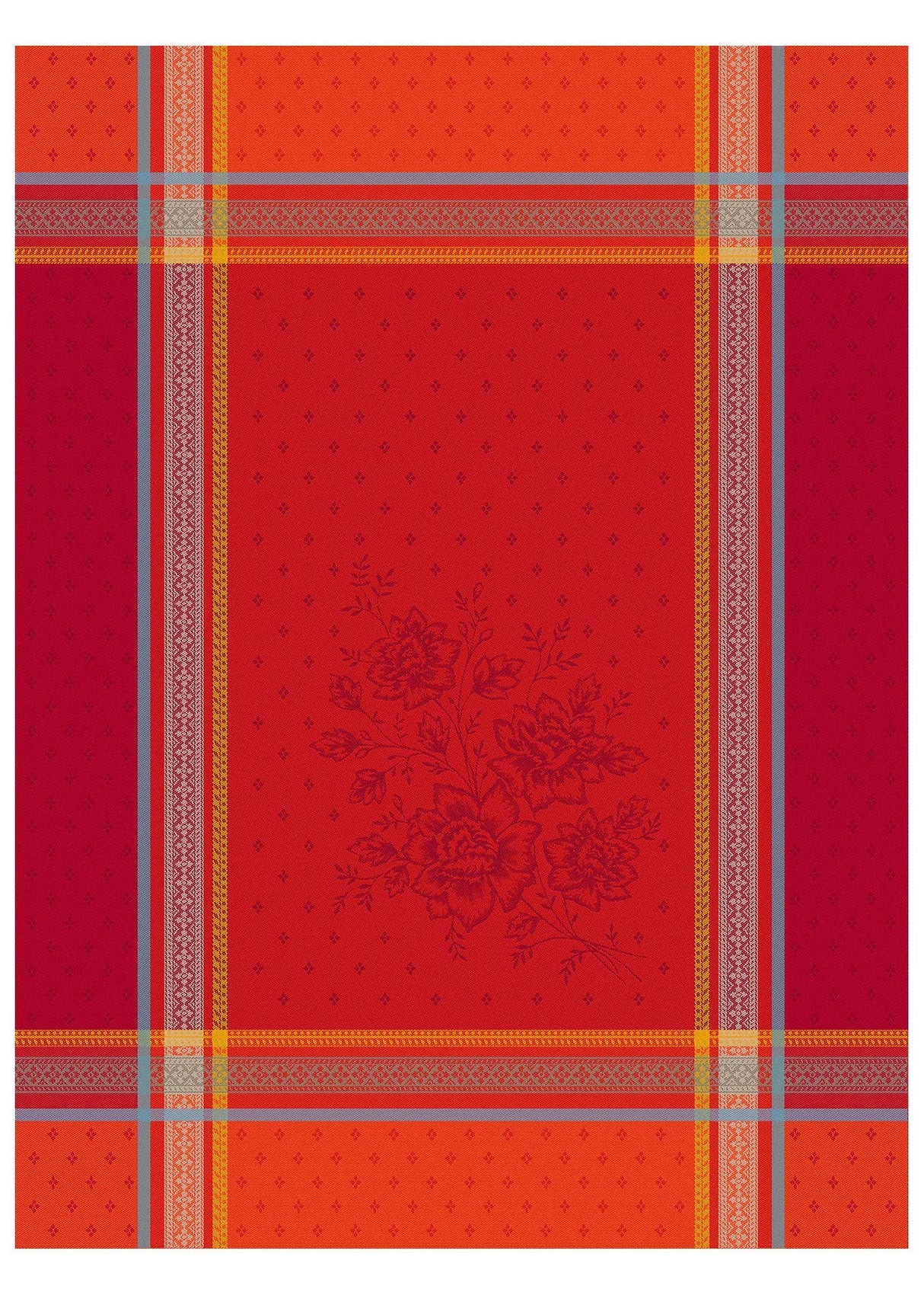 The Bouquet Red Tea Towel is a 20"x28" woven cotton tea towel with red and orange plaid, gray and yellow stripes, and a subtle central floral motif inspired by Provençal design, made using traditional jacquard weaving.