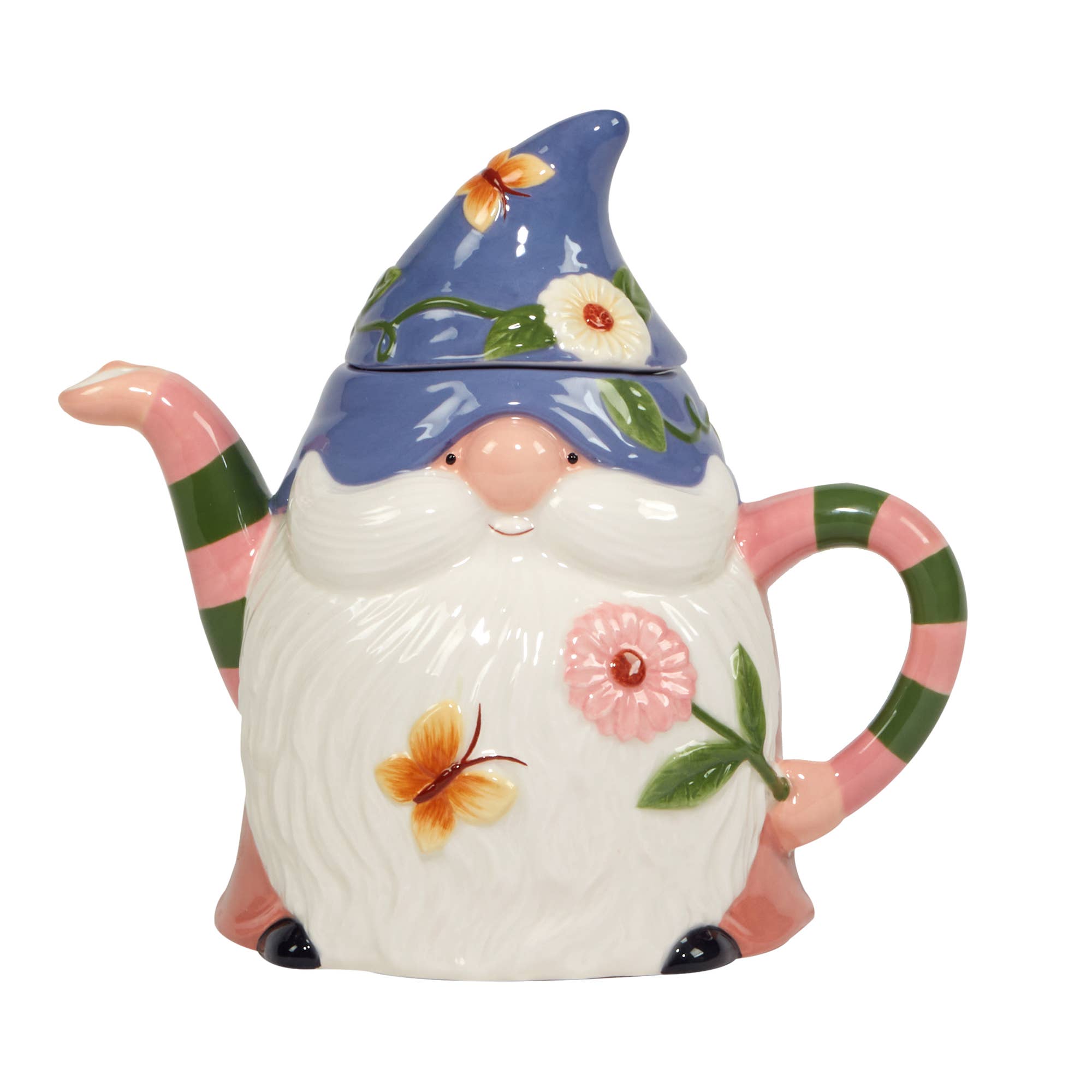 Tea Pot: Garden Gnomes 3-D Gnome Teapot 20oz—ceramic, shaped like a garden gnome with a blue hat, white beard, floral accents, and striped pink-green spout and handle. A charming choice for gnome enthusiasts and tea lovers alike.