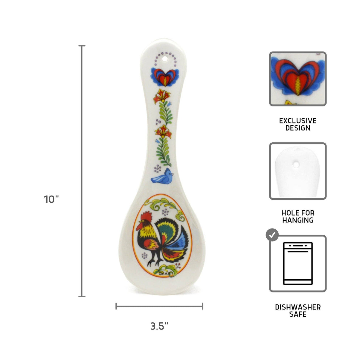 Spoon Rest: Rooster with Swedish Folk-Art Blue Bird and Flowers Ceramic