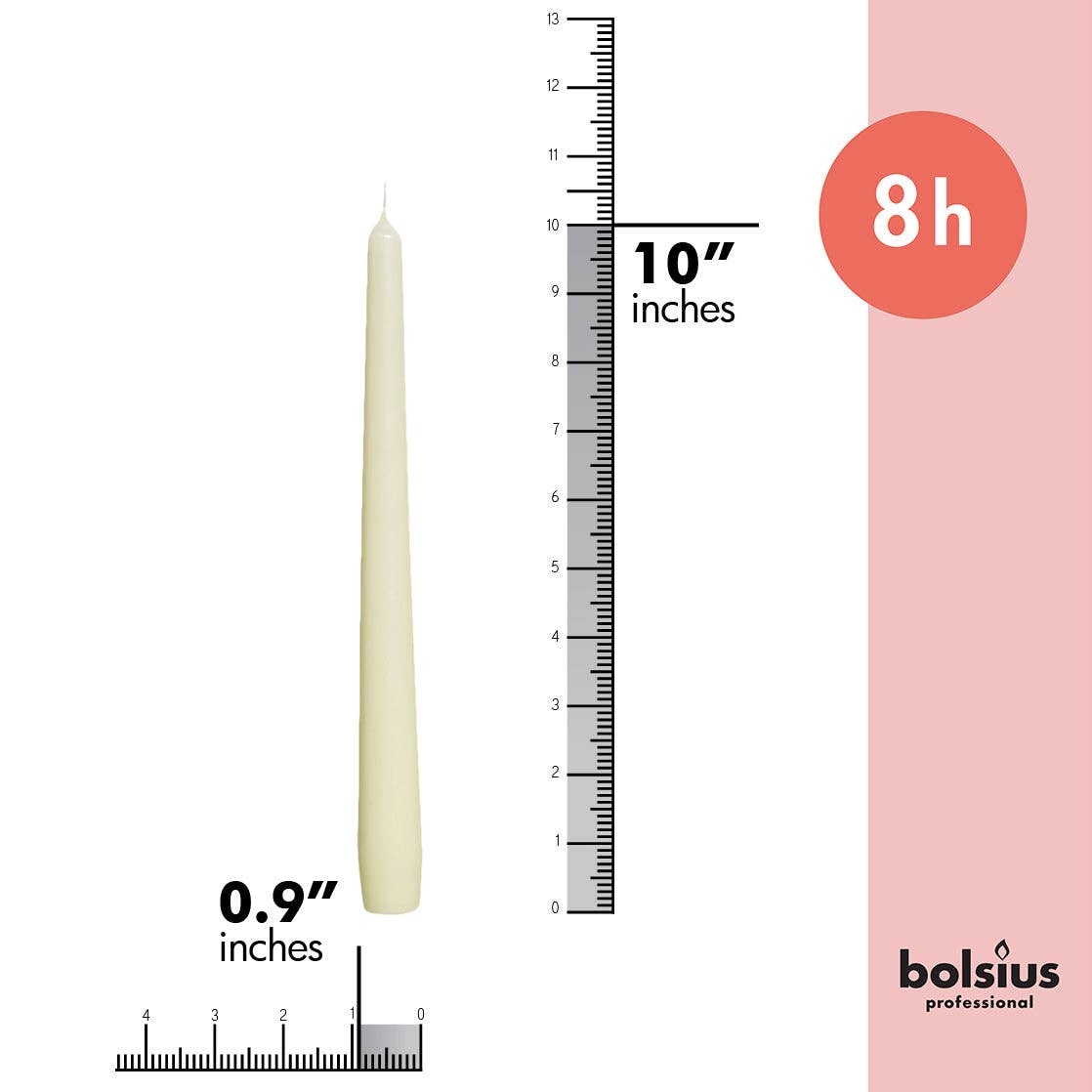 10-inch, 0.9-inch diameter Bolsius white taper candle, dripless with an 8-hour burn time. Includes vertical and horizontal rulers for scale, ensuring quality with Bolsius branding. Part of the Tall 10 Inch Taper Candles 4 Pack - Unscented collection.