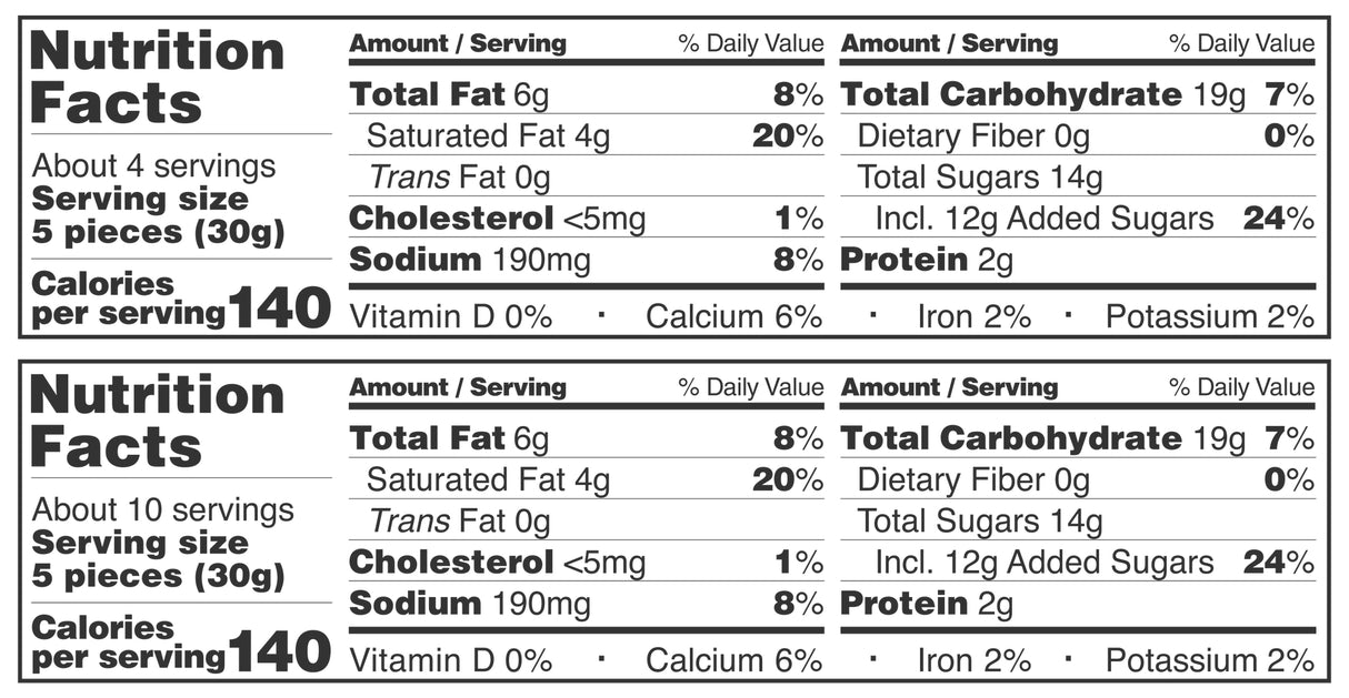 Side-by-side nutrition facts for 4 or 10 servings of Lakrids by Bülow #D Salt & Caramel Danish Chocolate Coated Licorice (gluten-free, 140 calories/serving), listing fat, cholesterol, sodium, carbs, protein & vitamins.