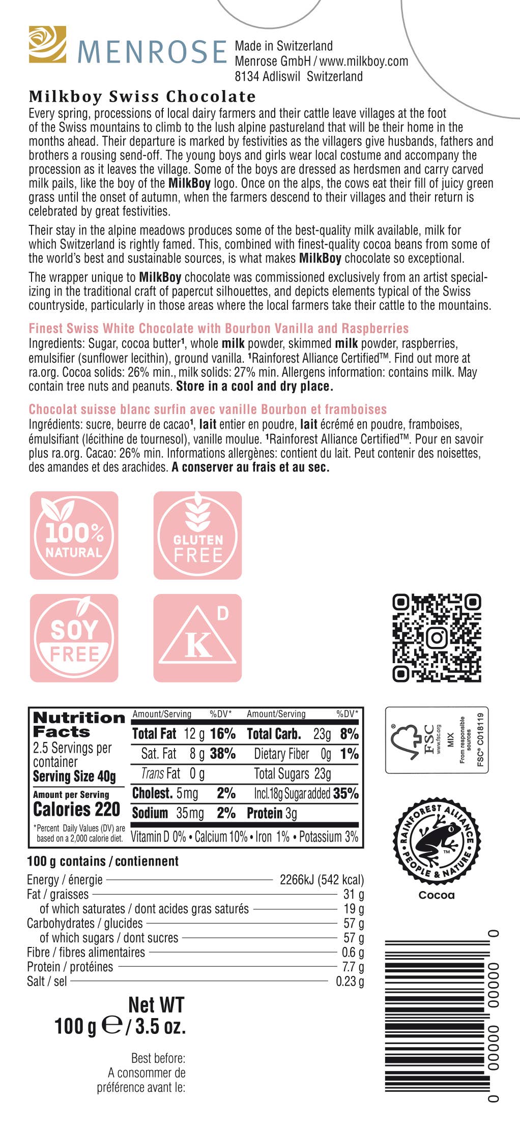 The back of MilkBoy Swiss Alpine White Chocolate with Bourbon Vanilla and Raspberries 3.5oz packaging details the Swiss origin, includes ingredients, nutritional information, and allergens.
