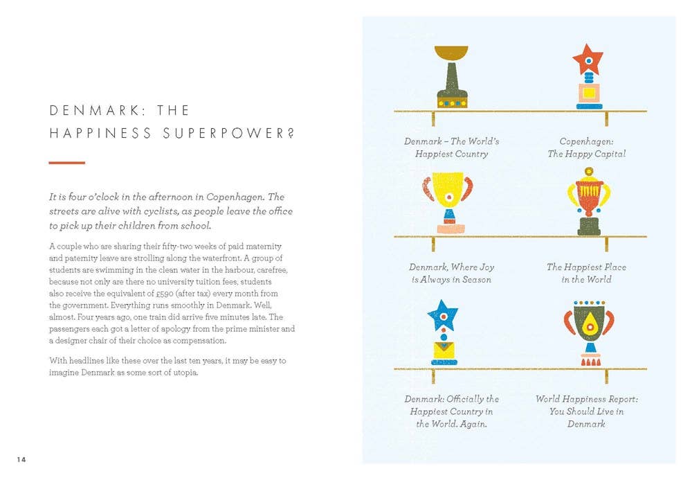 A page featuring insights from the Book: Little Book of Lykke by Meik Wiking, plus a graphic ranking Denmark and Copenhagen as the happiest places, illustrated with colorful trophies and medals.