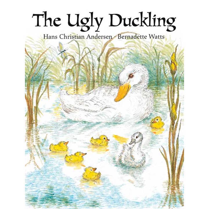 A white duck and five yellow ducklings swim in a pond, one gray duckling slightly apart. The cover shows Book: The Ugly Duckling by Hans Christian Andersen Illustrated by Bernadette Watts at the top.