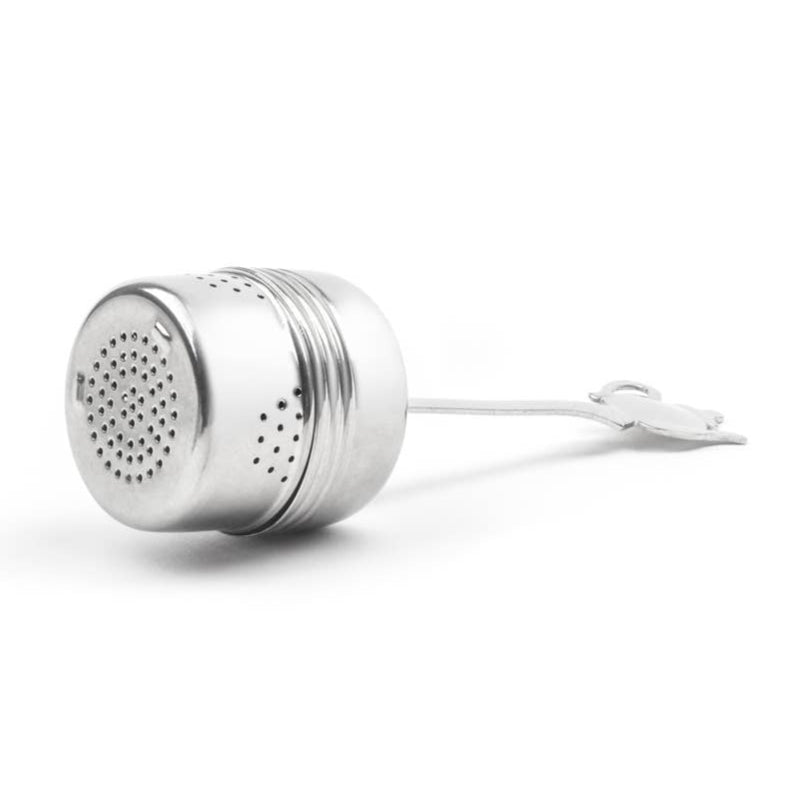 The Infuser: Tea Infuser with Handle features a teapot-shaped top, small holes for steeping loose leaf tea, and a handy chain with a metal clip—crafted from stainless steel and perfect for easy brewing.