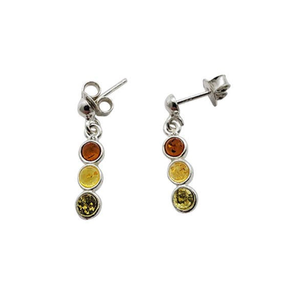 The Earrings: Multi-Color Amber Sterling Silver Post Dangle Earrings feature three round Baltic amber stones—amber, yellow, and green—in graduated shades on sterling silver drops.