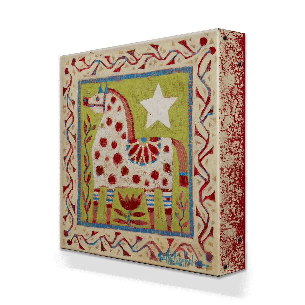 Wall Decor: Red Dala Horse - Metal Box Art features a stylized red Dala horse with red spots, a white star, and decorative borders in red, green, and beige on an 18" x 18" aluminum box inspired by Swedish tradition.
