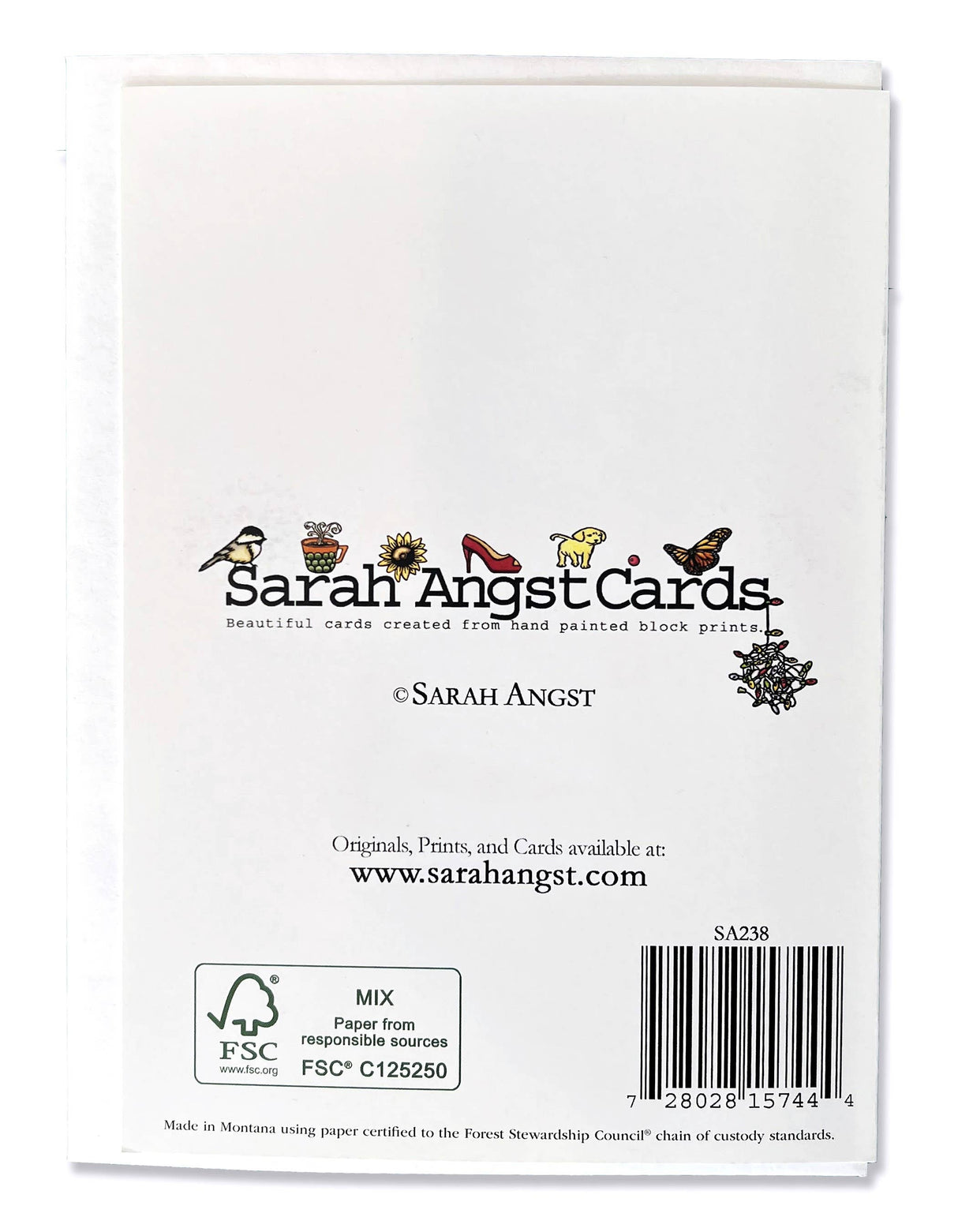 Back of the "Evening at Camp Tent" greeting card by Sarah Angst Art, featuring the logo and various small linocut prints, printed on FSC-certified paper.