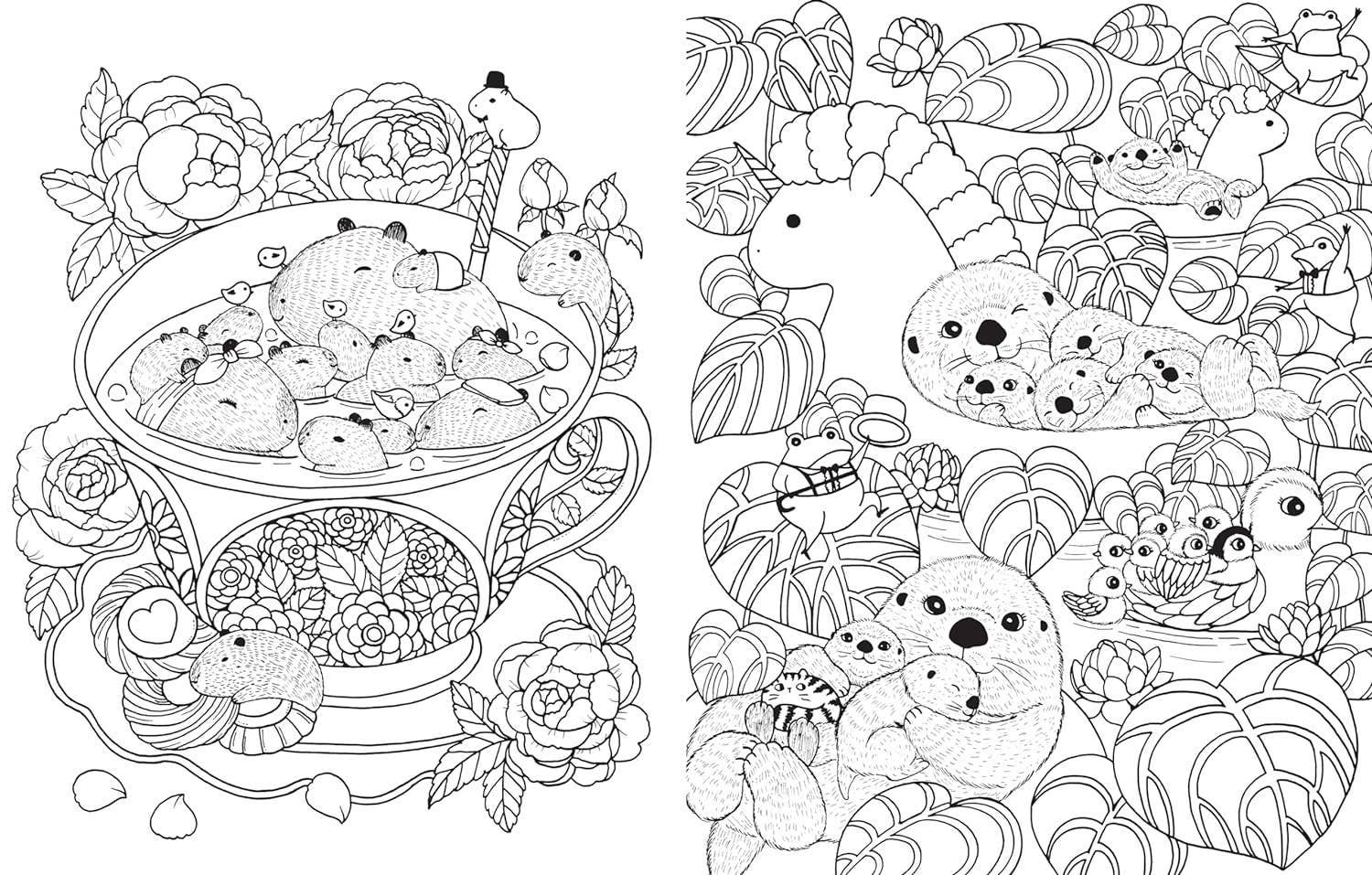 Black and white illustration inspired by Book: A Million Baby Animals Coloring Book by Lulu Mayo, featuring capybaras and ducks relaxing in a teacup amid leafy plants and flowers—a charming coloring scene for all ages.