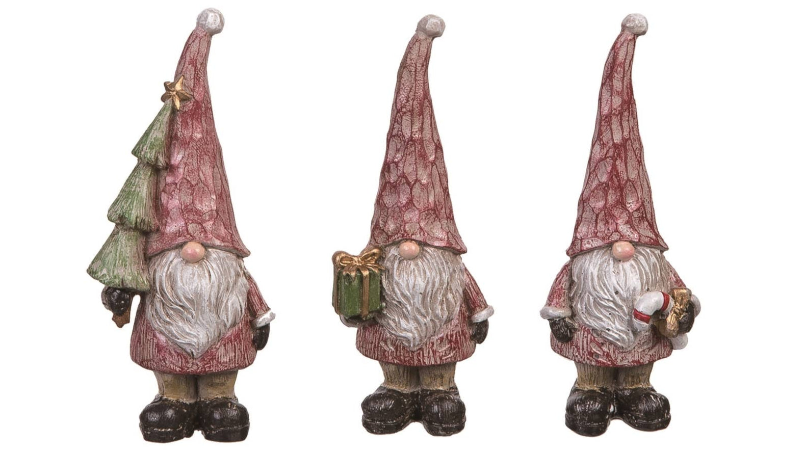 Gnomes: Mini Gnomes Holding a Christmas Decoration—small resin gnome figurines with pink hats and green tree accents, perfect for Christmas décor, displayed in a white box with four gnomes in front.
