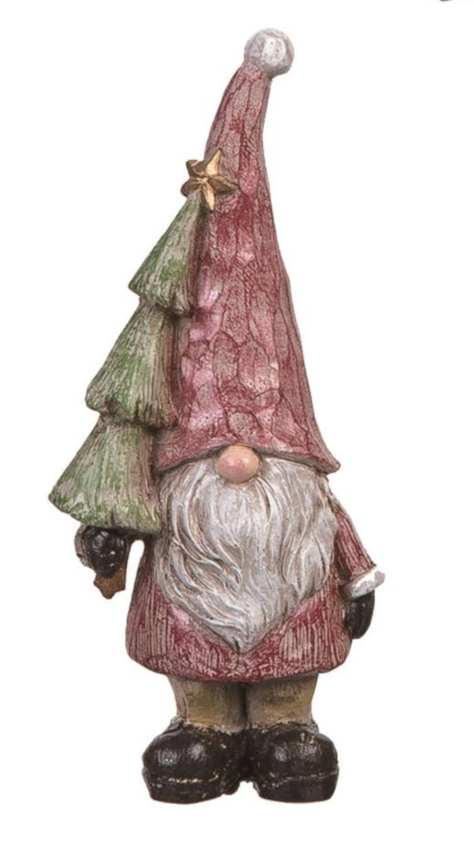 Gnomes: Mini Gnomes Holding a Christmas Decoration—a resin figurine of a gnome with a tall red hat, green Christmas tree, white beard, and black boots—makes an adorable holiday accent.