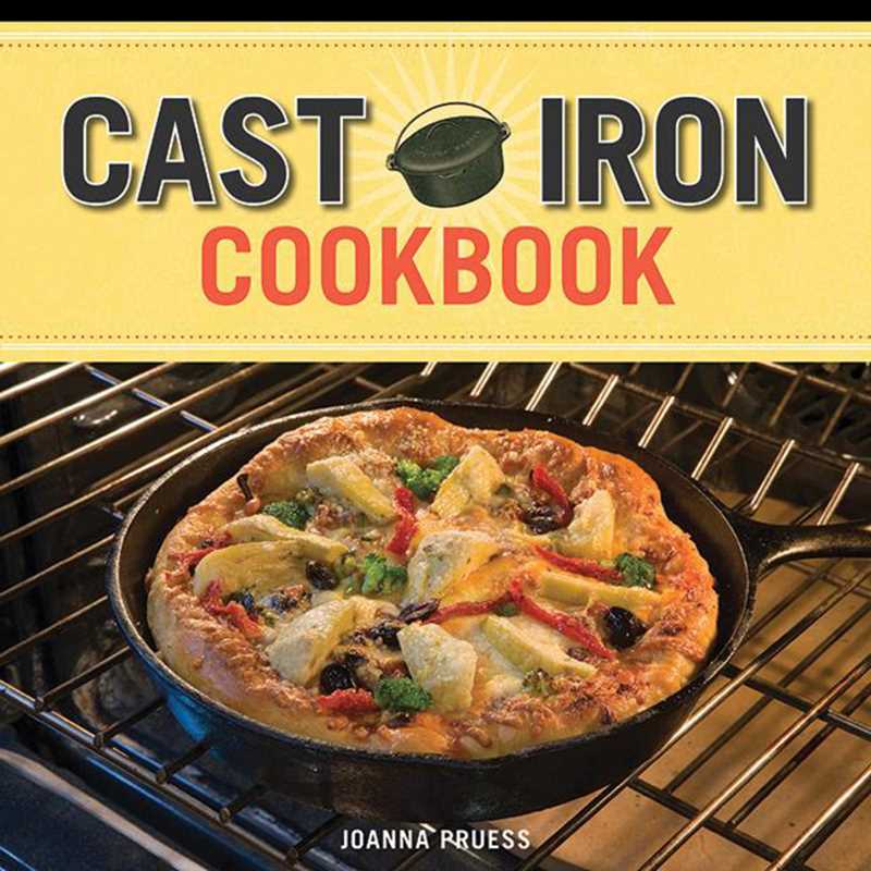 A cast iron skillet pizza bakes in the oven, featured on the cover of the "Cast Iron Cookbook by Joanna Pruess" (Paperback, 240 pages), highlighting inventive American cast iron recipes.
