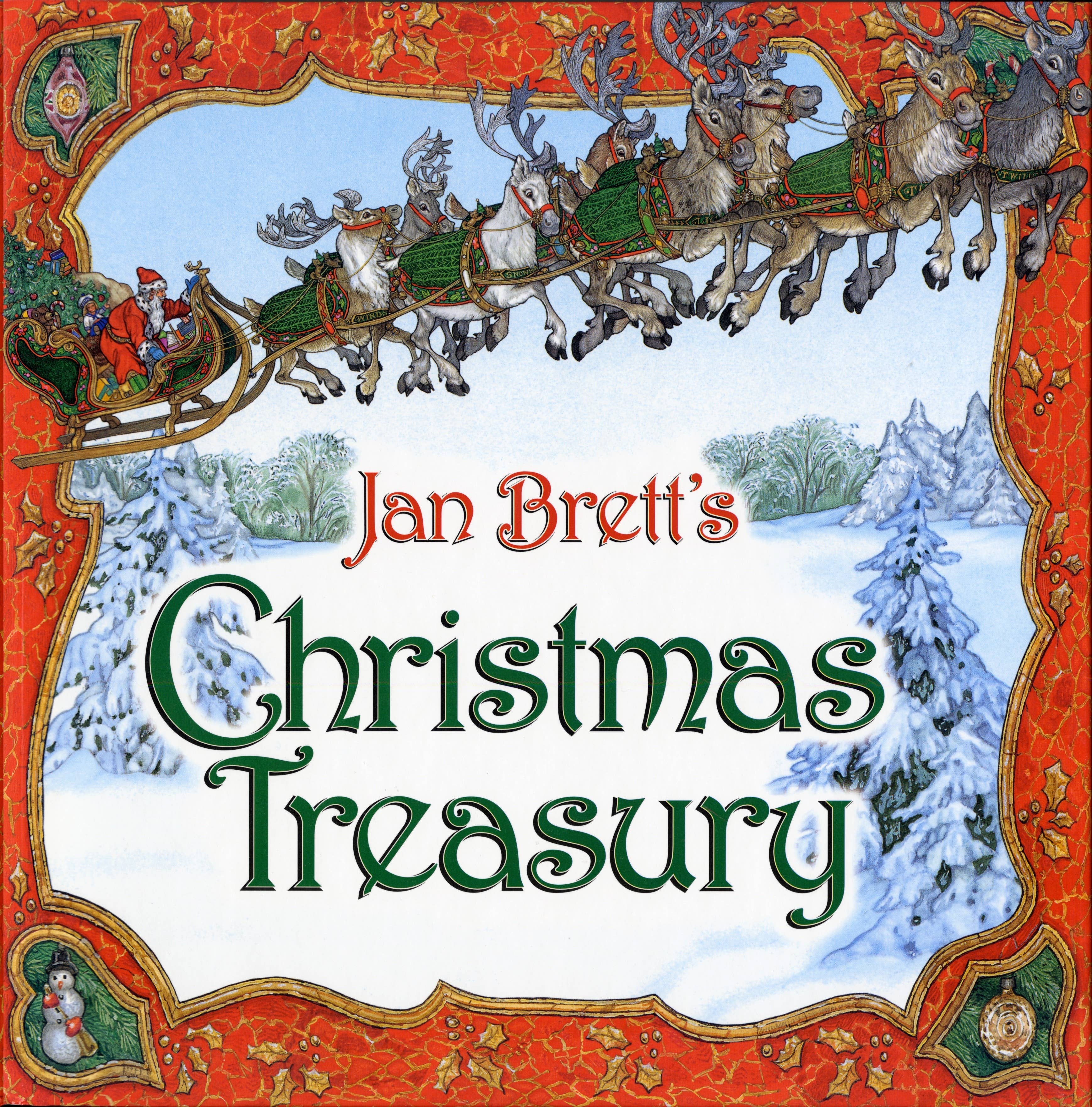 Book cover of Book - Jan Brett's Christmas Treasury, a cherished Christmas book, shows Santa in a reindeer-pulled sleigh flying over snow with festive red and green borders—making it the perfect holiday gift.