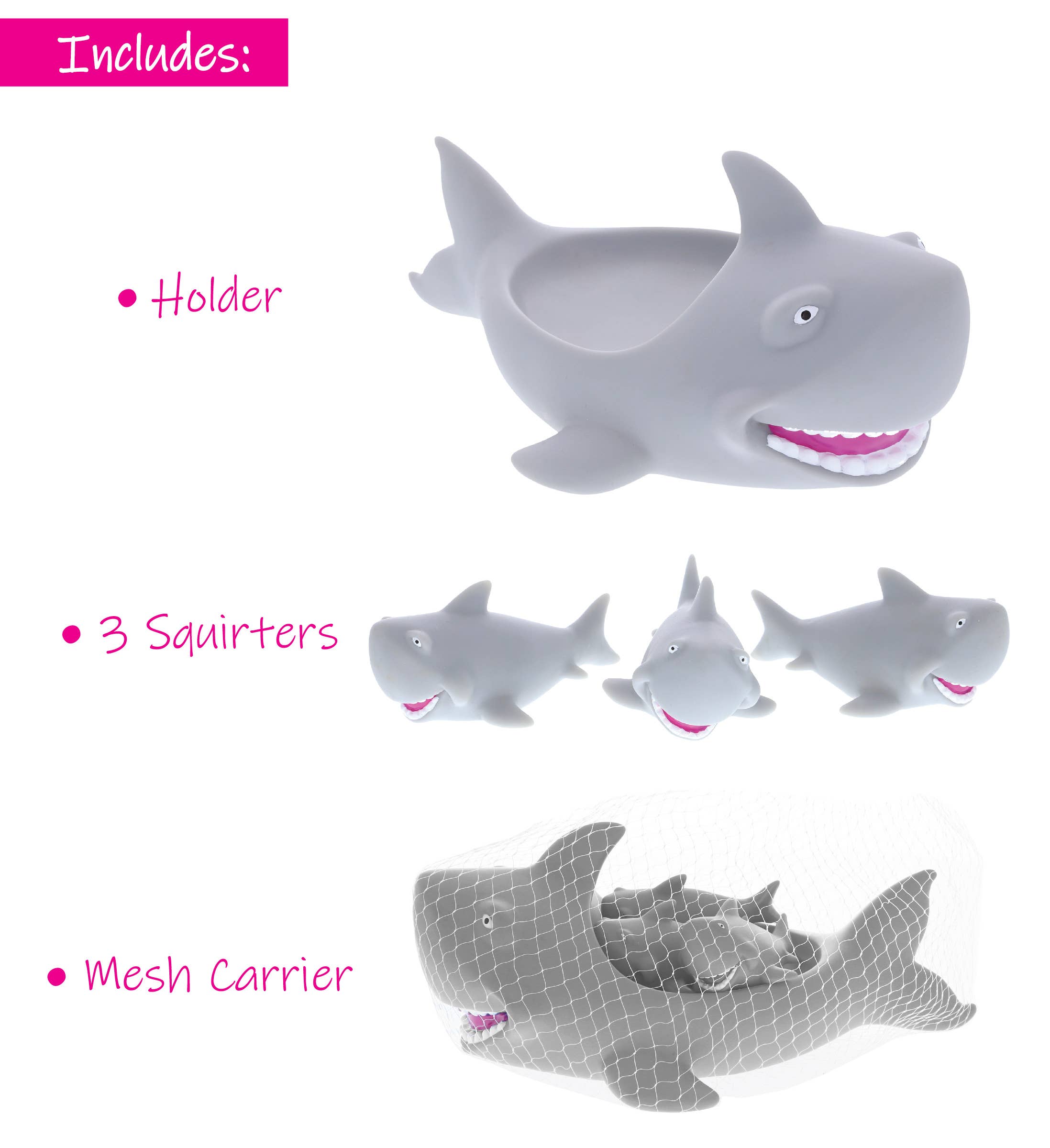 The Bath Toy: Family Bath Buddies - Grey Shark set includes a gray shark holder, three small shark bath squirters, and a white mesh carrier bag, all shown on a white background.