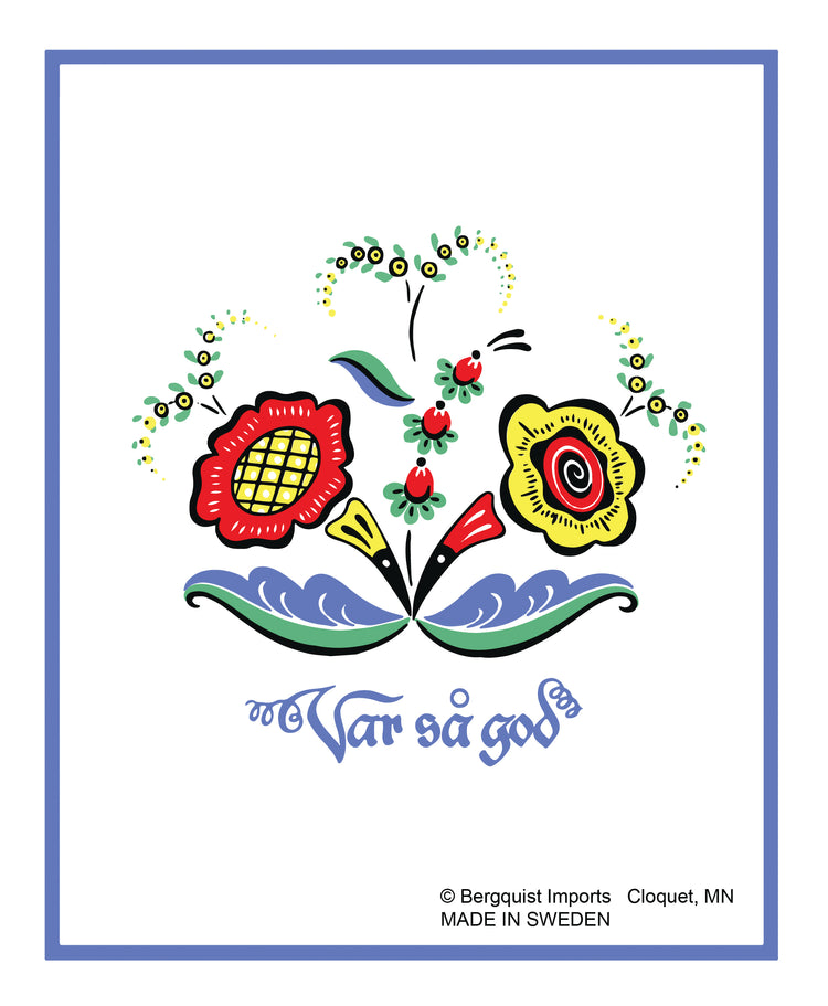 The Dish Cloth: Var Så God Swedish Dish Cloth features a Nordic-inspired floral design with red and yellow flowers, green leaves, and Var så god in blue script—an eco-friendly addition to your kitchen.