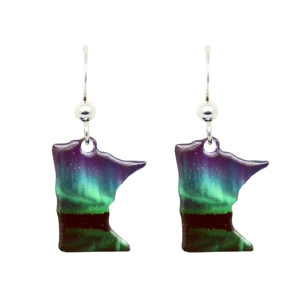 A pair of handmade Minnesota State Candelabra Dangle Earrings with a green and purple Northern Lights gradient, each hanging from a silver hook.