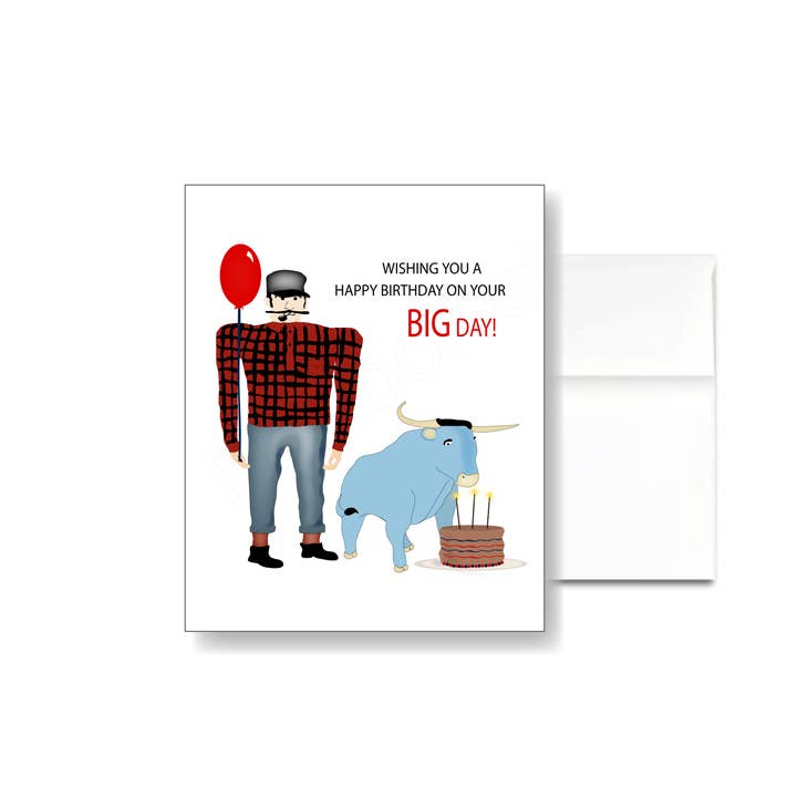 Product Description: This Paul Bunyan Birthday Card features an illustration of a lumberjack holding a red balloon, standing alongside a blue ox next to a birthday cake. The design is set against a linen-textured card background and adorned with the text, "Wishing you a Happy Birthday on your big day!" It comes with an A2 envelope for the perfect finishing touch.
