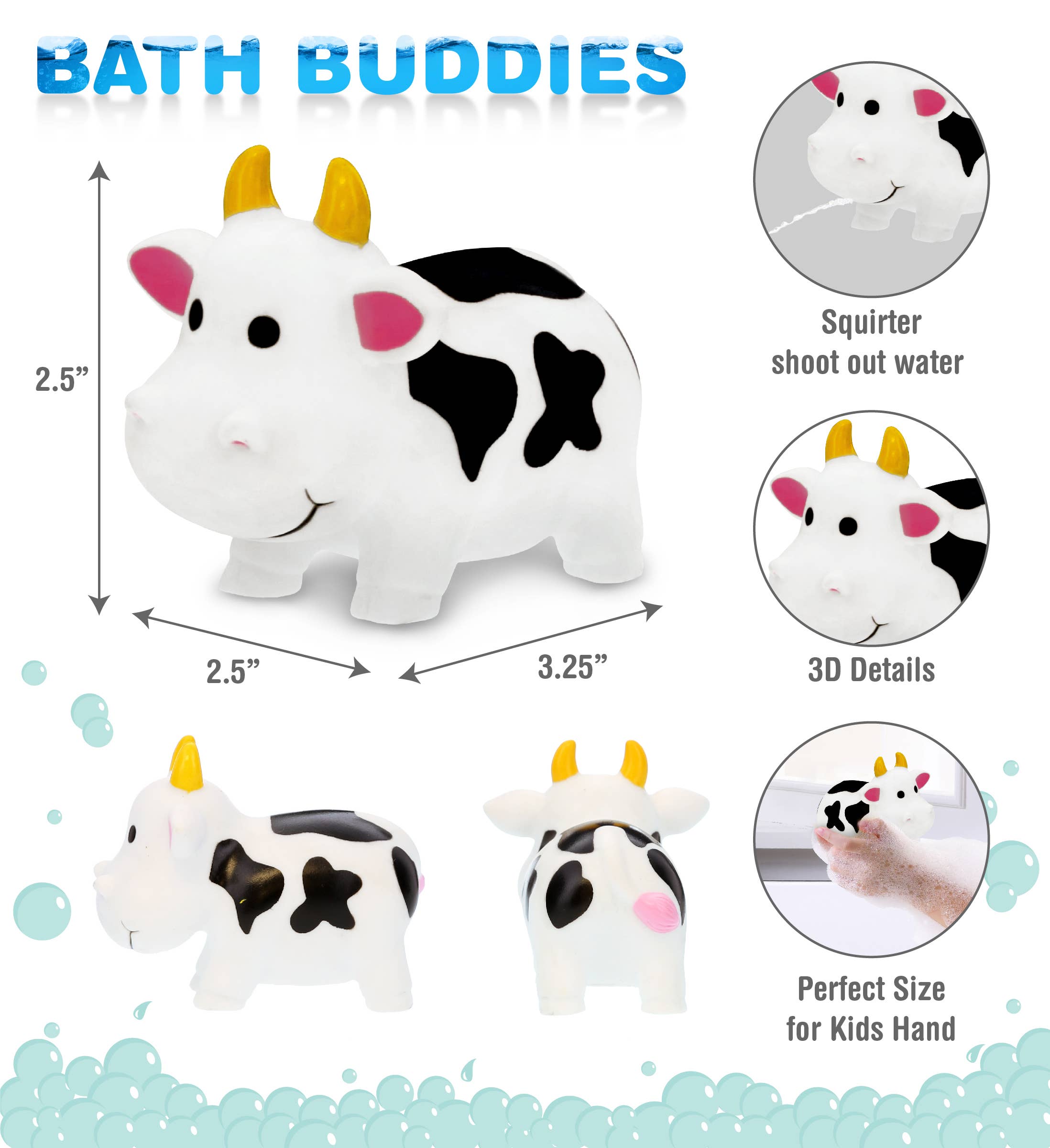 The Bath Toy: Cow Bath Water Squirter is a cute black and white cow shown from various angles, with water-squirting action, 3D details, and a hand-friendly size—an adorable addition to any child's bath time.