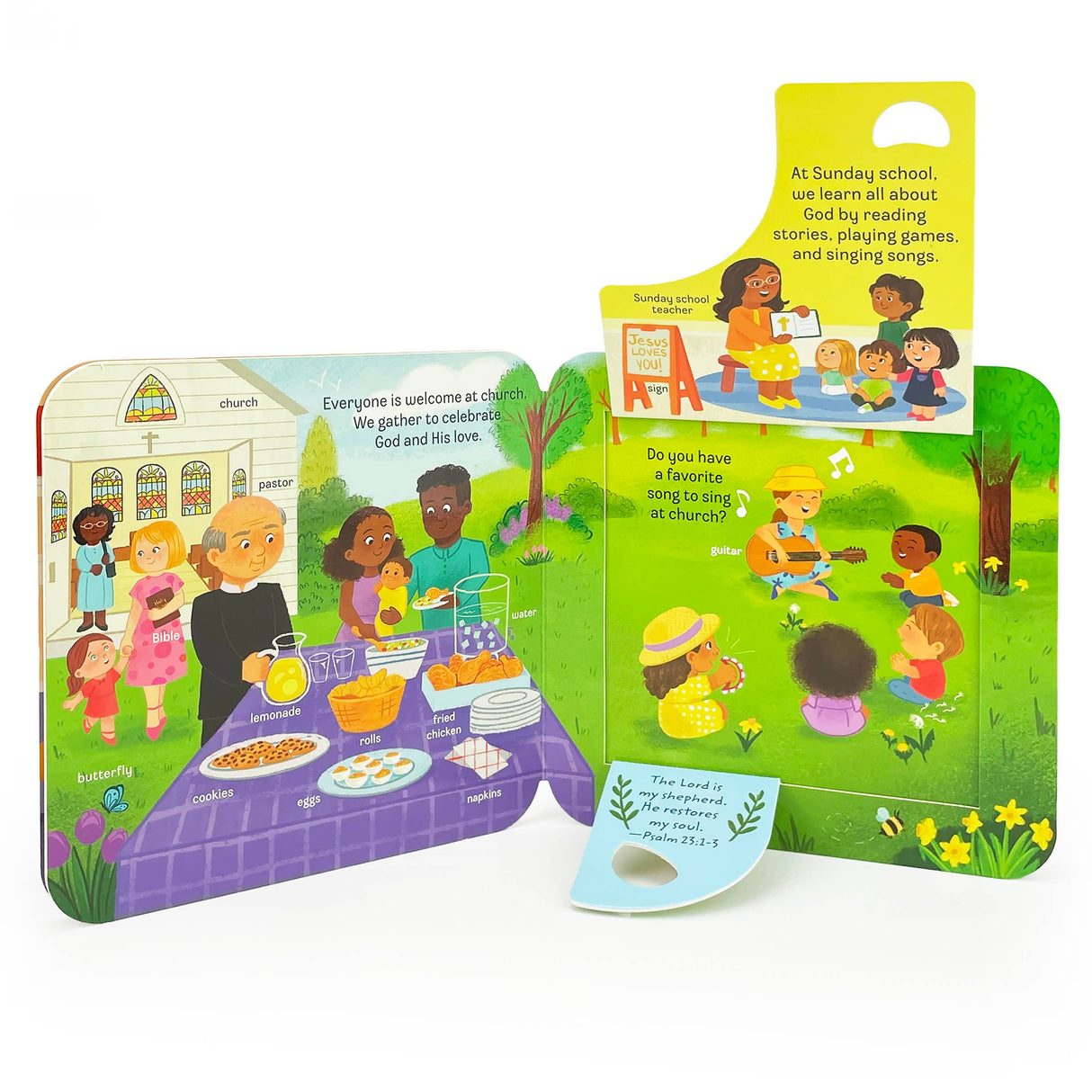 Book: Peek a Flap God 12 Chunky Flaps is an illustrated lift-a-flap book showing a diverse church group sharing snacks, singing in Sunday school, and celebrating God's love, with interactive flaps and a pull-tab question about favorite songs.