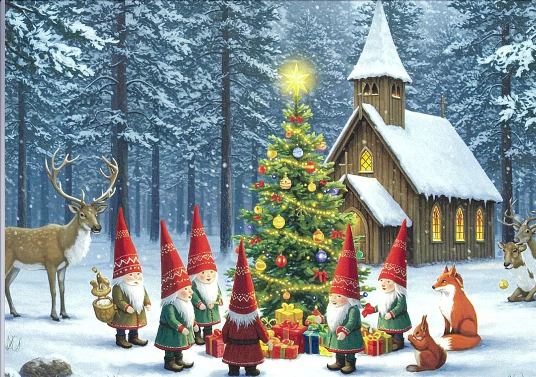 The Card Pack: Gnomes around a Tree Card Pack features gnomes, animals, and gifts gathered by a decorated tree in a snowy forest beside a wooden chapel—an ideal choice for boxed Christmas cards or Swedish tomtar holiday cards.