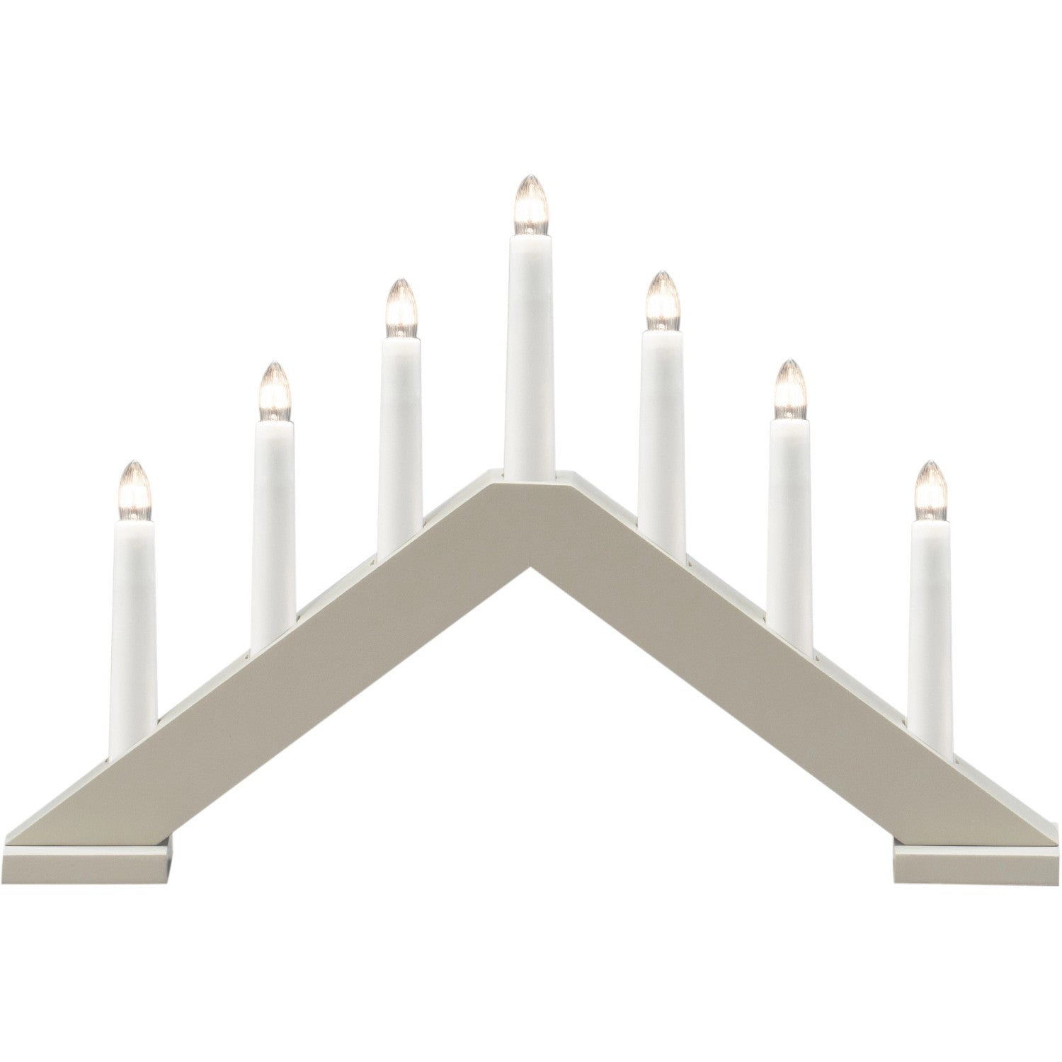 The Konstsmide 7-Light Electric Candelabra in a matte beige wood finish features seven lights in a row—ideal for bringing classic Scandinavian holiday style to your home.
