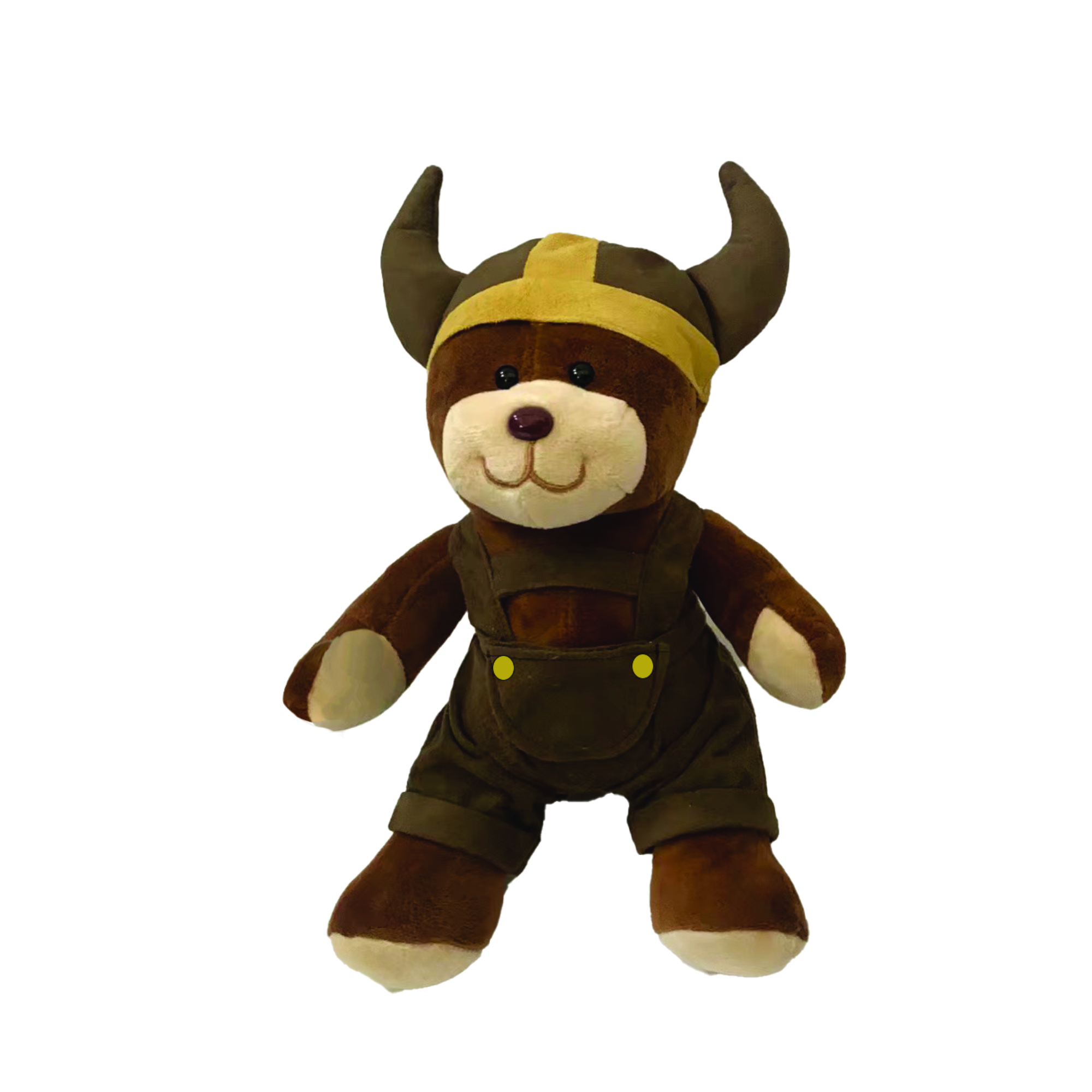 The Plush: Viking Boy Teddy Bear with Viking Helmet sits upright on a white background, dressed in dark overalls and a classic helmet.