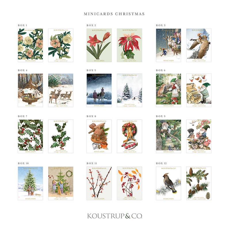 A set of 24 Christmas Jule Goat mini-cards, featuring festive art by Per O. Jørgensen and Scandinavian charm, produced by Koustrup & Co.