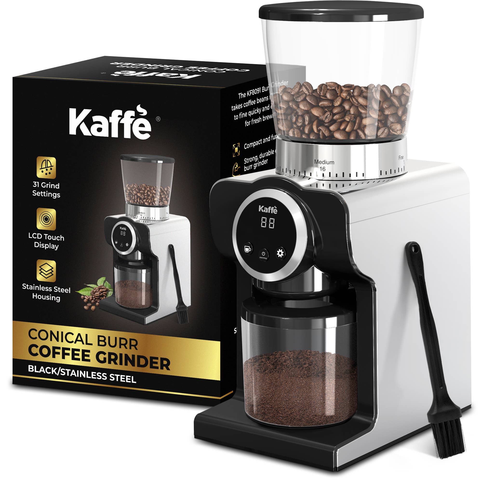The Coffee Grinder: Electric Conical Burr Coffee Grinder – Precision Grinding with Digital Control is displayed beside its box, with coffee beans in the hopper and ground coffee collected below.
