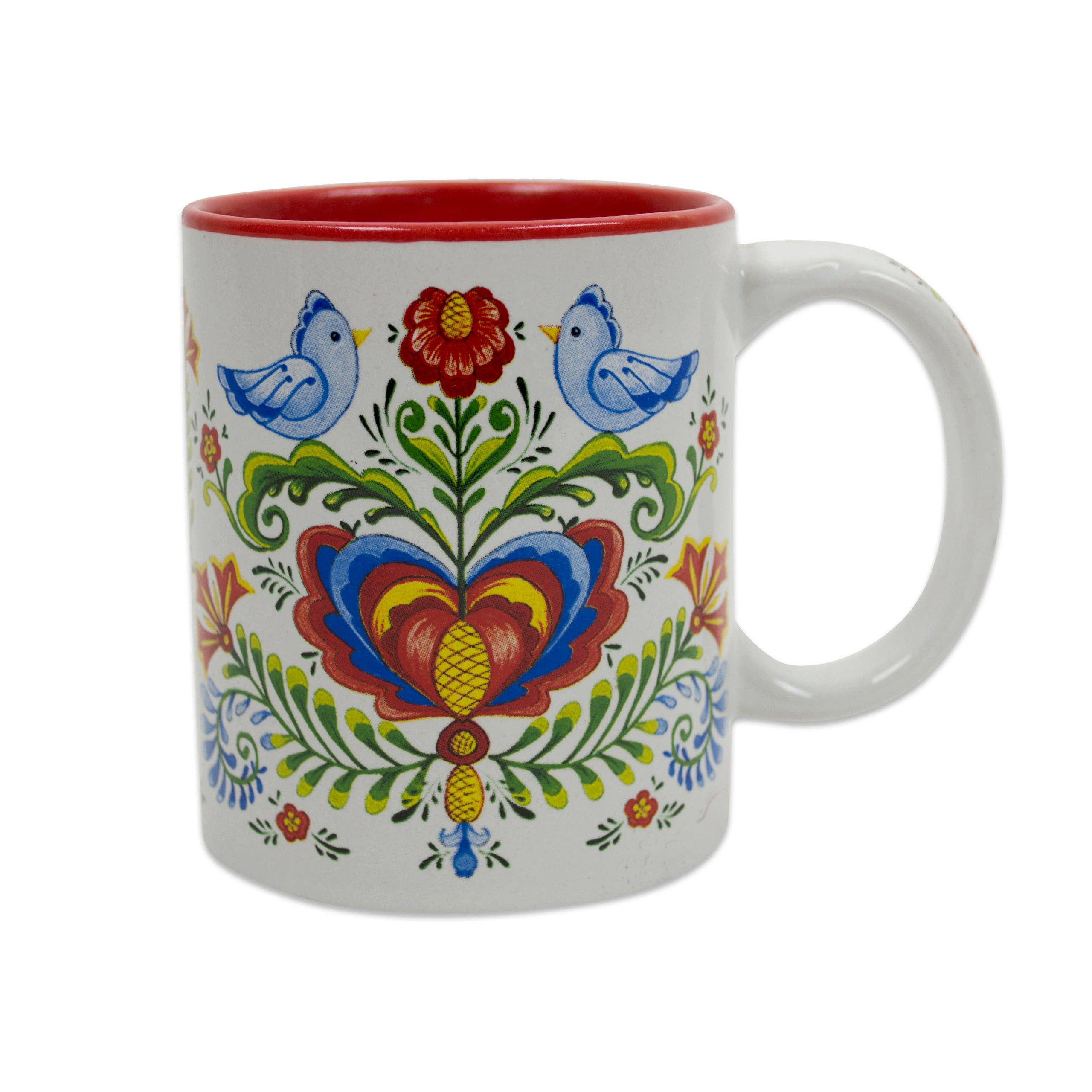 The Mug: Rosemaling & Lovebirds Ceramic Coffee Mug with Red Interior (12 oz) features a white ceramic body, red interior, and colorful folk art floral design with two blue lovebirds, inspired by Scandinavian rosemaling.