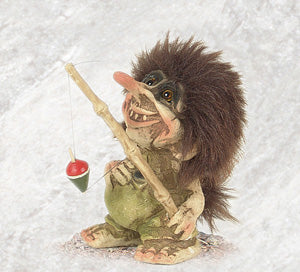 The NyForm Troll Fisherman with Pole & Bobber (4.5 tall) features shaggy hair and a fishing rod with a red and green bobber—an enchanting collector’s item inspired by classic Norwegian design.