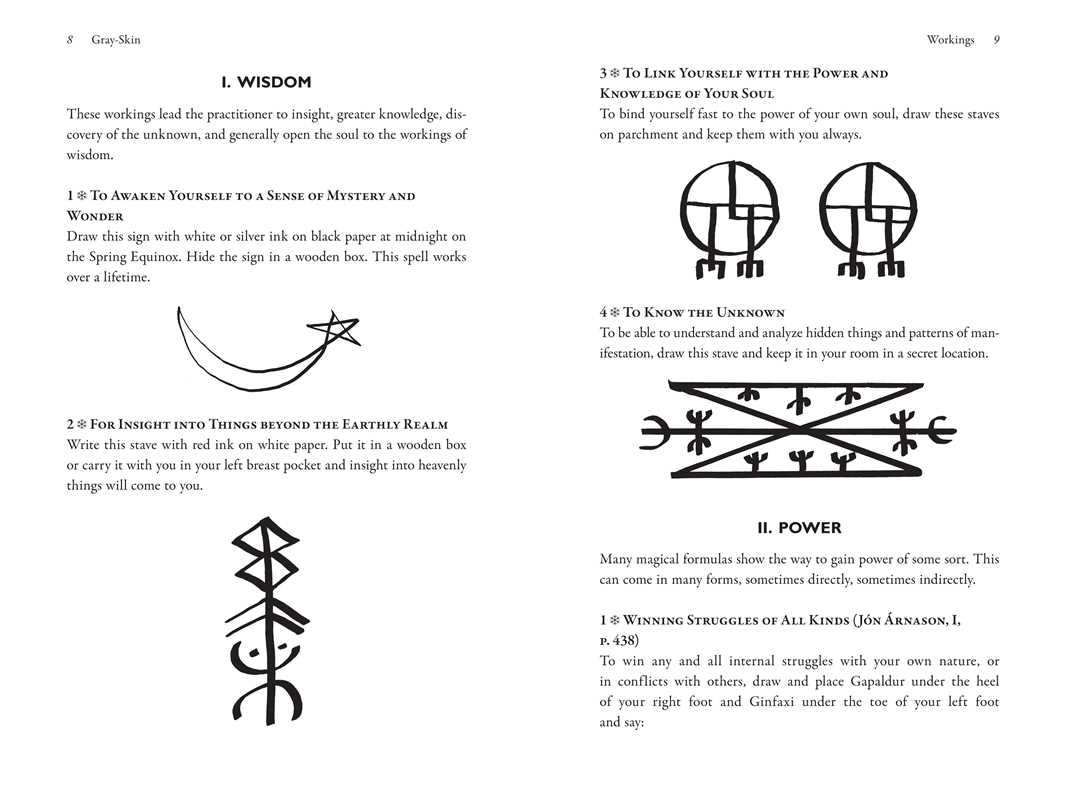 Book page with printed text, black magical sigils in Galdrabók style, sections titled Wisdom and Power, visible instructions, and explanations for symbols.