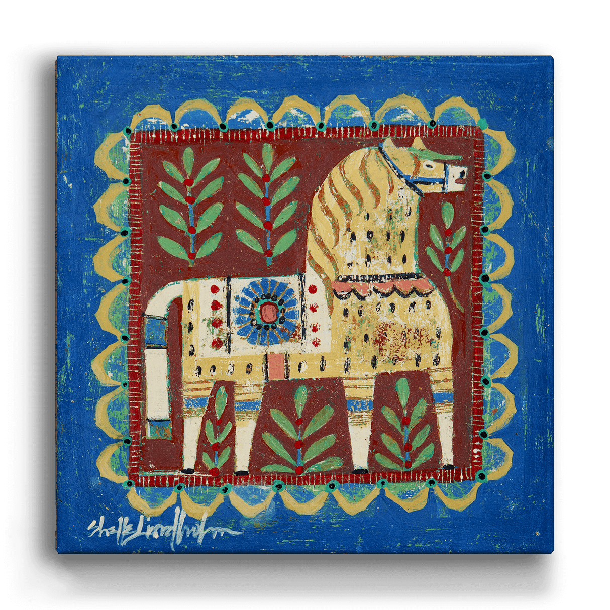 The Cream Dala Horse - Metal Box Art features a stylized antique Swedish horse in yellow with geometric and floral patterns on an aluminum 18" x 18" box, set against a blue and red background with green leaves and a scalloped border.