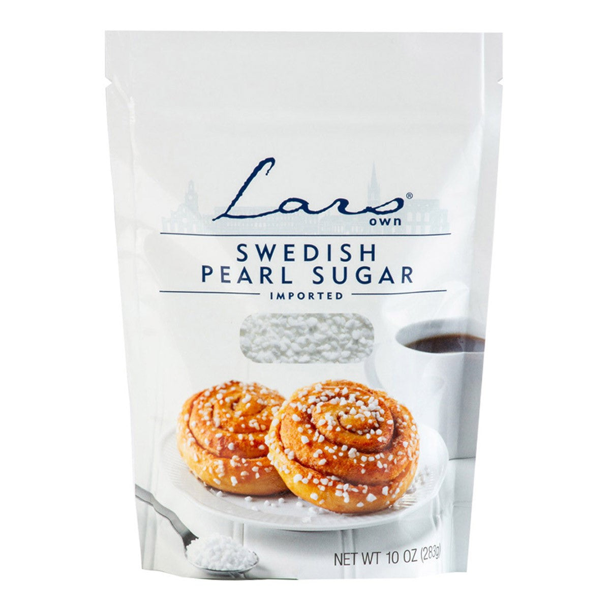 A package of Lars Own - Swedish Pearl Sugar is illustrated with two pastries alongside a cup of coffee, ideal for adding a hint of Scandinavian sweetness to your homemade cinnamon rolls or cookies.
