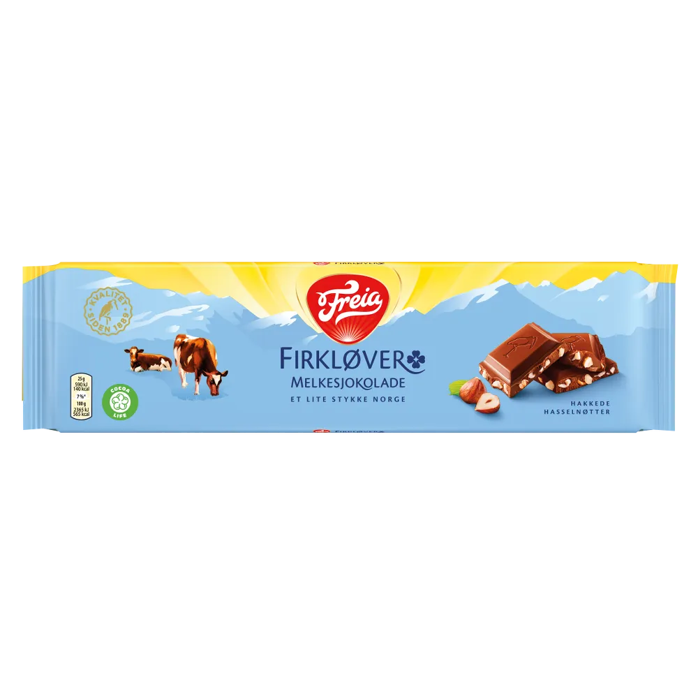 Freia Firklover – Milk Chocolate with Hazelnuts (200g) features packaging with cows, hazelnuts, and chocolate pieces against a blue and yellow background.