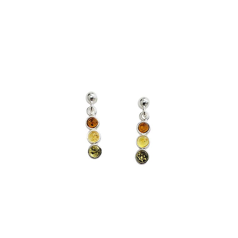 Earrings: Multi-Color Amber Sterling Silver Post Dangle Earrings feature three vertically set round Baltic amber stones in brown, yellow, and green on a white background.