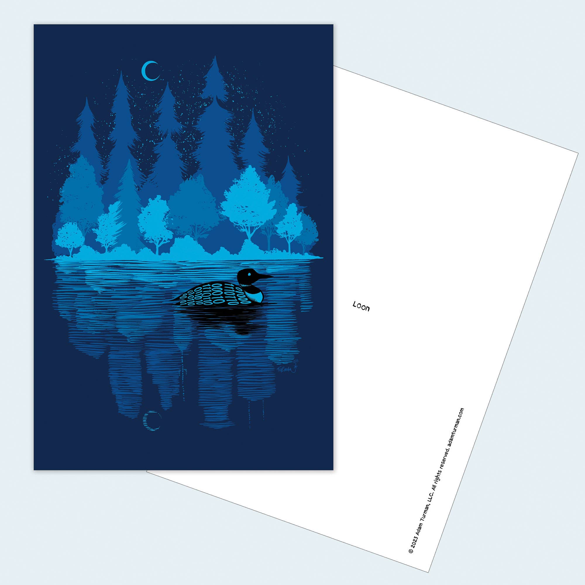 Illustration of a loon swimming on a lake at night, with pine trees and a crescent moon reflected in the water. Titled Postcards: MN Abbey Road, this collectible print makes a perfect Minnesota postcard.