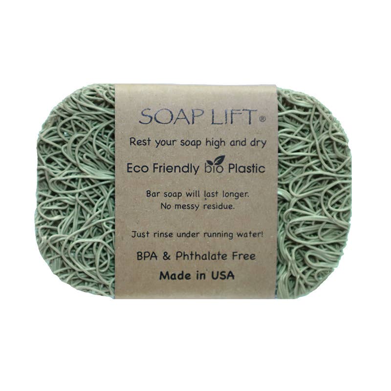 The Soap Lift: Soap Saver - Sage, a standout among soap dishes, is crafted from eco-friendly bioplastic. Proudly made in the USA, it boasts features like being BPA and phthalate-free.