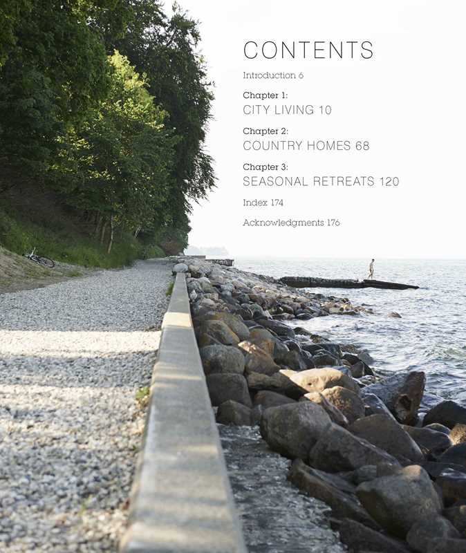 A gravel path along a rocky shore by calm water in natural light; text overlay lists contents and chapters of Book: Scandinavian Home Interiors Inspired by Light by Niki Brantmark.