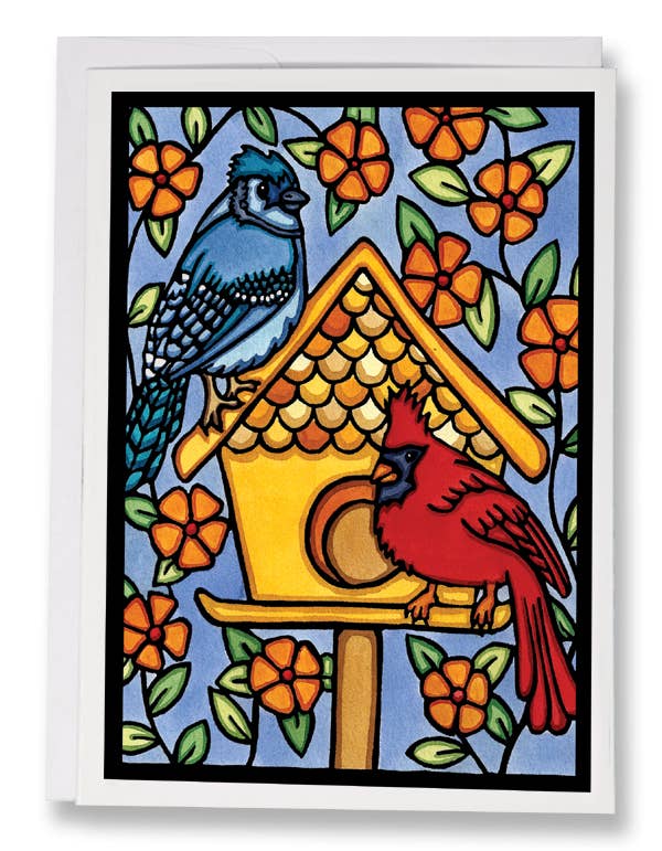 Illustration of a blue jay and cardinal on a yellow birdhouse amid orange flowers and green leaves, set against a blue background. Card: Birdhouse 5x7 Greeting Card by Sarah Angst with envelope, blank inside, Made in America.