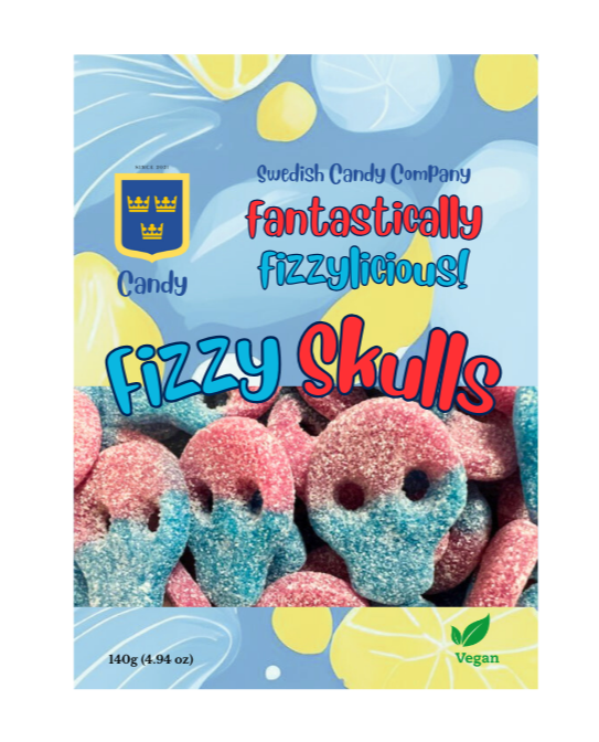 A package of Candy: Fizzy Skulls Swedish Gummy Candy 85g (3.0 oz) features pink and blue fizzy skull-shaped vegan gummies from Swedish Candy Company, set against a bold blue background.