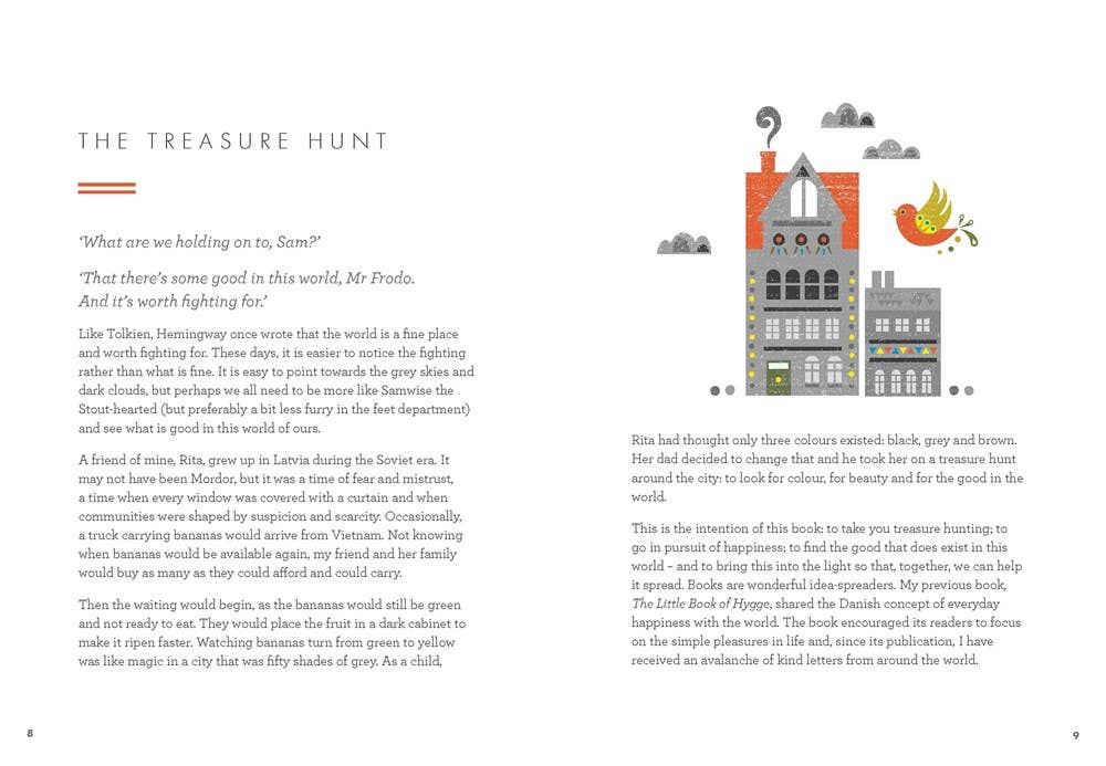 A book spread inspired by Book: Little Book of Lykke by Meik Wiking shows a tall, thin building, text about books and reading, and features trees and a bird to add happiness on both left and right pages.