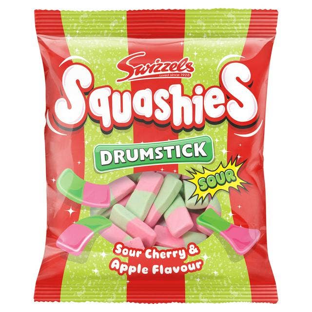 A 140g (4.94 oz) bag of Swizzels Squashies Sour Cherry & Apple Gummy Candy from Swedish Sweets Wholesale LLC - Swedish Candy, featuring soft pink and green gummies in red and green packaging labeled "Sour Cherry & Apple Flavour" on the front.