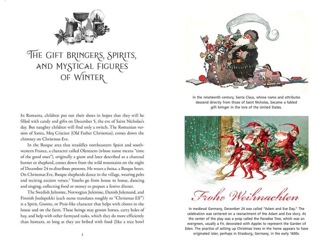 Two pages from Sacred Herbs of Yule and Christmas by Ellen Evert Hopman feature images of Santa Claus and angels, with text on Christmas and Winter Solstice customs in Romania, Spain, and Germany.