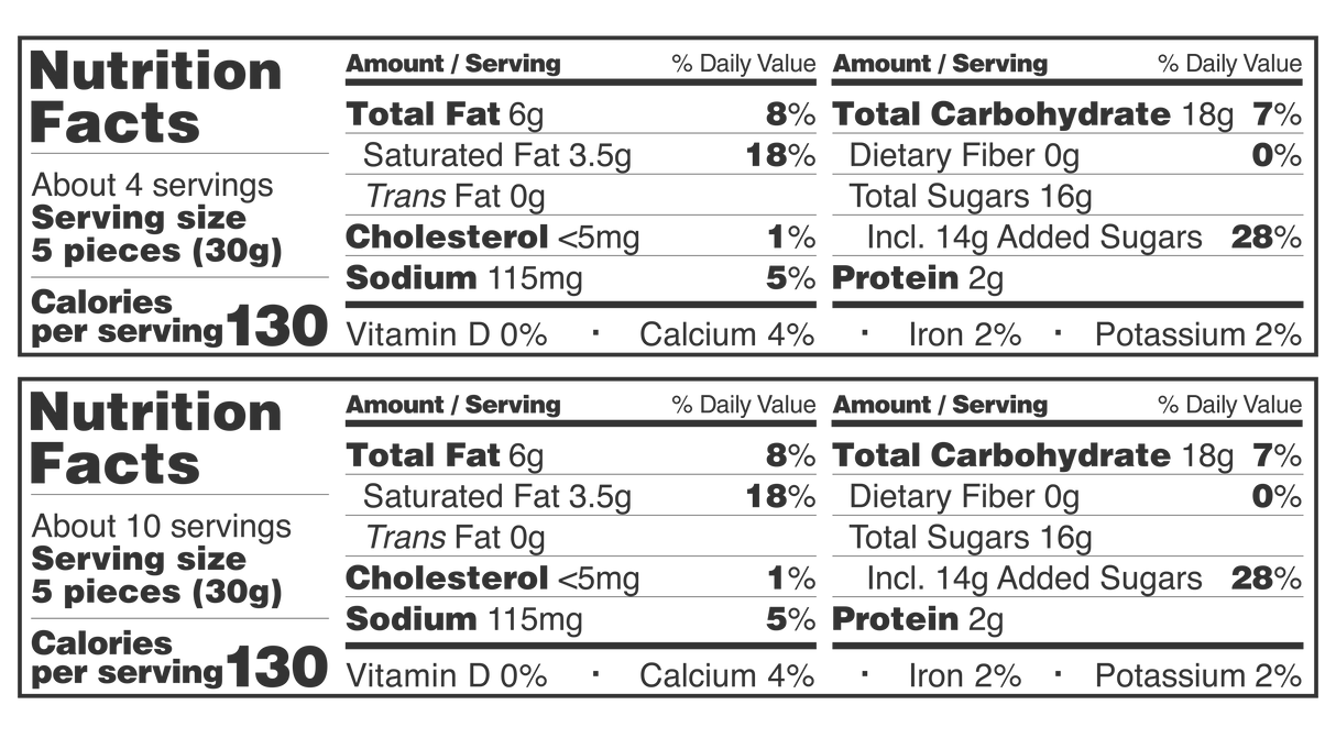 Two identical labels show per 5-piece (30g) serving of Lakrids by Bülow - Lemon Danish Chocolate Coated Licorice (125g): 130 calories, 6g fat, 18g carbs, 2g protein. Each label covers about 4 servings.