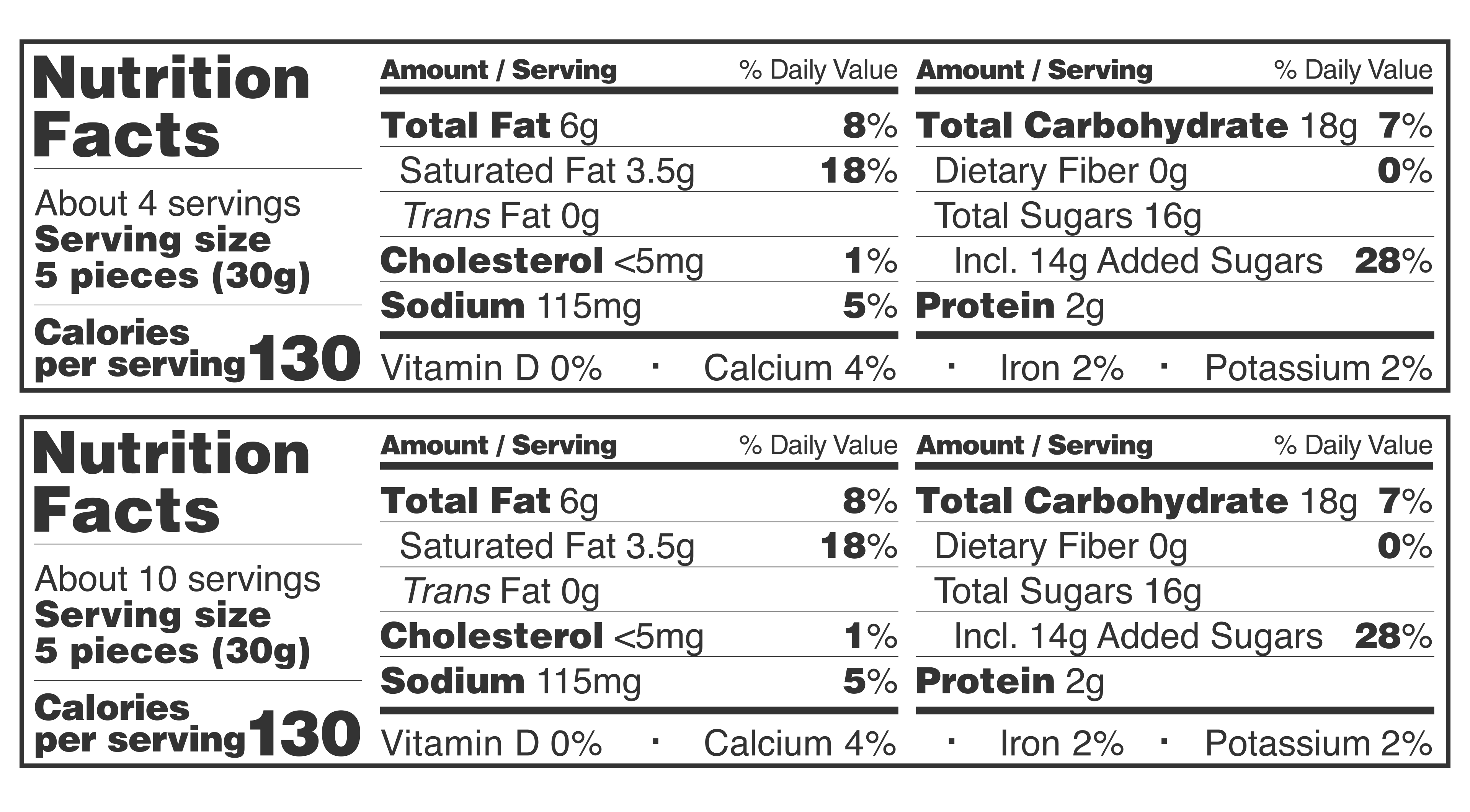 Two identical labels show per 5-piece (30g) serving of Lakrids by Bülow - Lemon Danish Chocolate Coated Licorice (125g): 130 calories, 6g fat, 18g carbs, 2g protein. Each label covers about 4 servings.