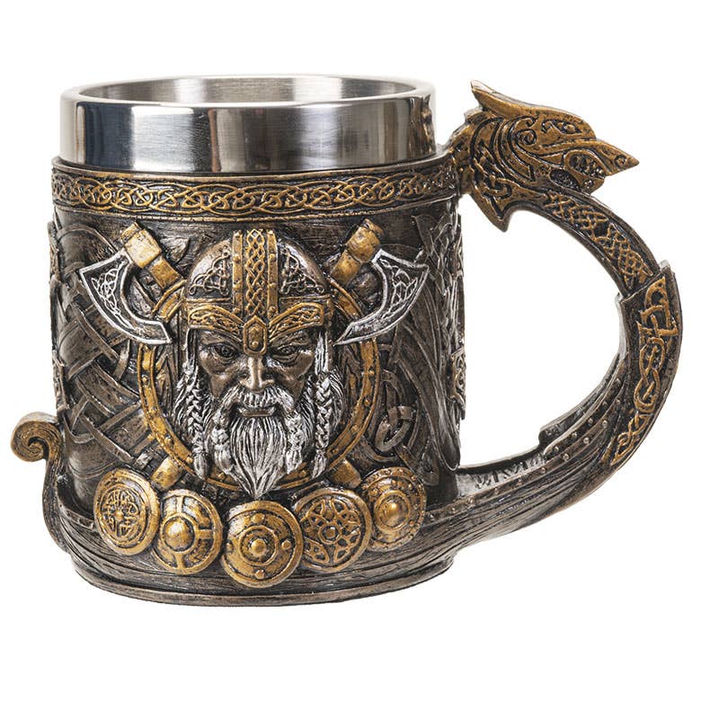 The Mug: Viking Ship Mug with Dragon Head features a detailed Viking design, including Thors Hammer, shields, and a striking dragon head-shaped handle.
