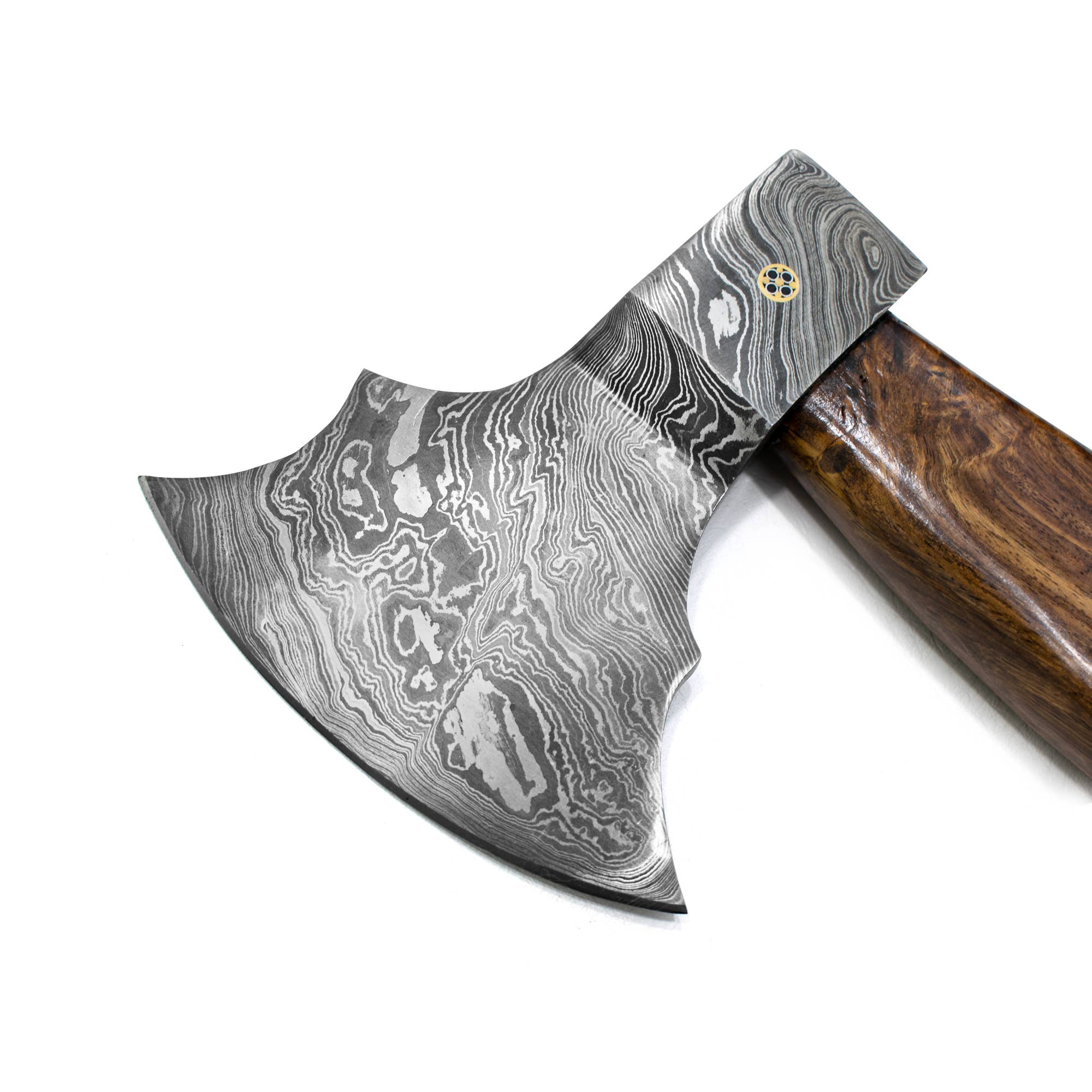 Close-up of the Axe: Damascus Steel All Around Camping Knife, featuring a Damascus steel head with intricate wave patterns and a polished wooden handle.