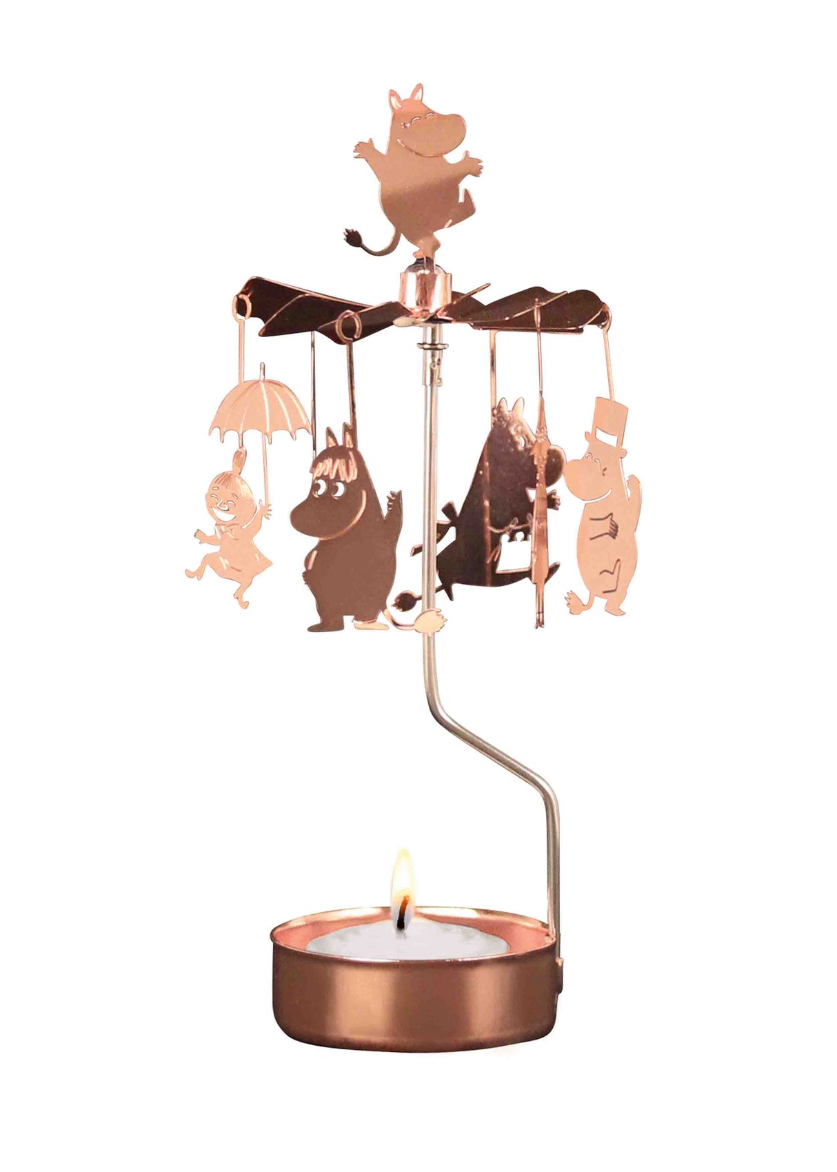 The Candle Holder: Moomin Family Rose Color Pluto Design is a rotary candle holder featuring Moomin characters that gently spin above a Christmas tea light, casting whimsical shadows as it rotates.